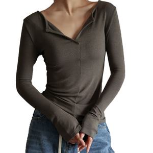 Camiseta Blanca de Manga Larga para Mujer, Cuello en V, Tejido Modal Informal de Alta Calidad, Otoño-Invierno, Venta al Por Mayor Personalizada - Product Image 2