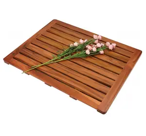 Anti-slip Teak Wood Bath Shower Mat, Durable Mould Proof Shower Stool Mat Bathroom Natural Wood Color Bubble Bag +brown Box