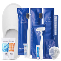 Ensemble d'articles de toilette jetables de luxe Deep Blue pour hôtel, kit de produits de toilette haut de gamme avec pantoufles en molleton denim