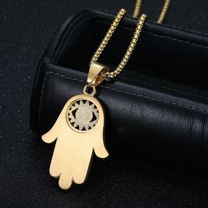 Fatima's <b>Hand</b> Pendant Necklace Stainless Steel Gold Plated Rhinestone Blue Eye Unisex Gift Jewelry - Product Image 3