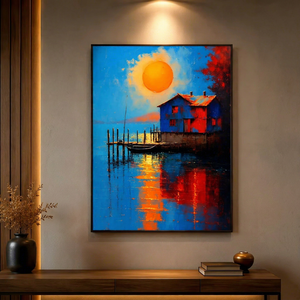 Peinture acrylique abstraite de paysage tropical, peinte à la main, sur toile texturée, encadrée, avec coucher de soleil et bateau, style moderne - Product Image 1