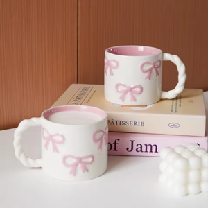 Pink Bow <b>Ceramic</b> <b>Mug</b> Twist Handle <b>Ceramic</b> <b>Mugs</b> Exquisite and Simple Embossed Coffee Cup - Product Image 3