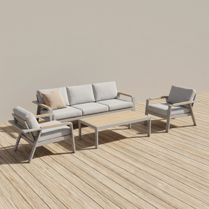 Ensemble <span class=keywords><strong>de</strong></span> <span class=keywords><strong>salon</strong></span> <span class=keywords><strong>de</strong></span> <span class=keywords><strong>jardin</strong></span> minimaliste <span class=keywords><strong>de</strong></span> luxe avec structure en <span class=keywords><strong>aluminium</strong></span> antirouille et table <span class=keywords><strong>effet</strong></span> <span class=keywords><strong>bois</strong></span> pour une utilisation en toute saison dans les complexes hôteliers - Product Image 3