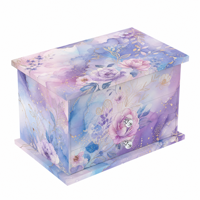 Boîte à bijoux musicale en aquarelle, motif floral violet et rose, accents dorés, organisateur en bois à deux tiroirs, bouton en cristal, rangement, vente en gros