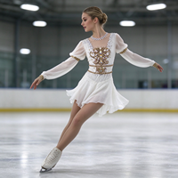 Robe de patinage artistique blanche pour enfants et adultes, en maille, manches longues, avec bordure dorée et strass au dos, pour compétition et spectacle de patinage sur glace