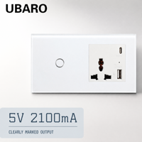 UBARO 146 Temperli Cam Dokunmatik Anahtarlı Evrensel Duvar Prizi USB A Tip C 5V 2100mA Portlu Duvar Güç Çıkışı Ev ve Otel İçin
