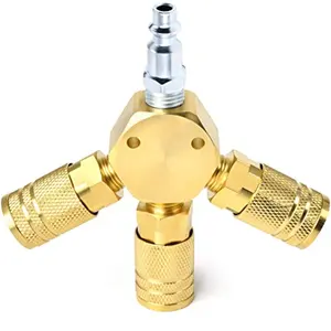 Air Splitter 1/4 Inch NPT 3-Way Air Manifold with 3 Pieces Brass Industrial Quick Couplers