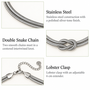 Collier à nœuds en acier inoxydable, ton argenté, double chaîne serpent, fermoir mousqueton, réglable 43,5 + 6 cm, 14 g - Product Image 2