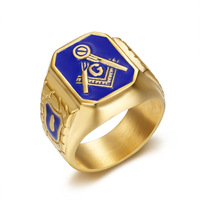 Nouvelle bague unisexe en acier inoxydable plaqué or 18 carats avec diamant vintage et peinture bleue, bijoux maçonniques