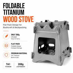 Réchaud à bois pliable en titane populaire, modèle plat, pour bushcraft et camping, portable pour randonnée, avec sac de rangement - Product Image 1