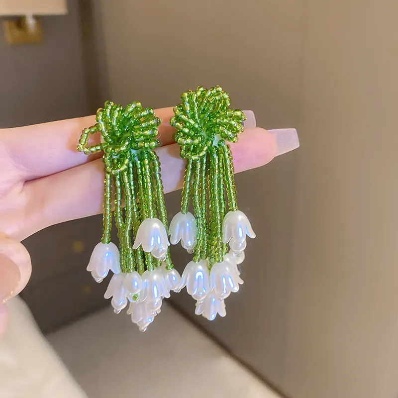 Korean Cute Designer Crystal Resin Seed Bead Flower Dangle Long Tassel Drop Earrings For Women Fashion Jewelry