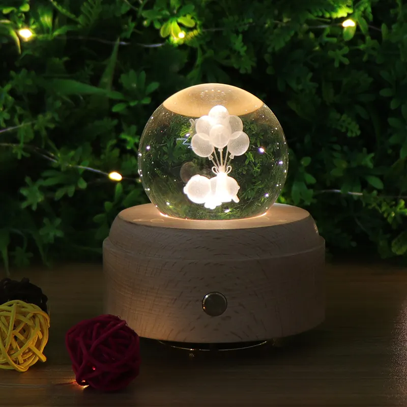 도매 홈 장식 3D K9 크리스탈 밤 빛 나무 자료 크리스탈 공 테이블 야간 조명 음악 상자