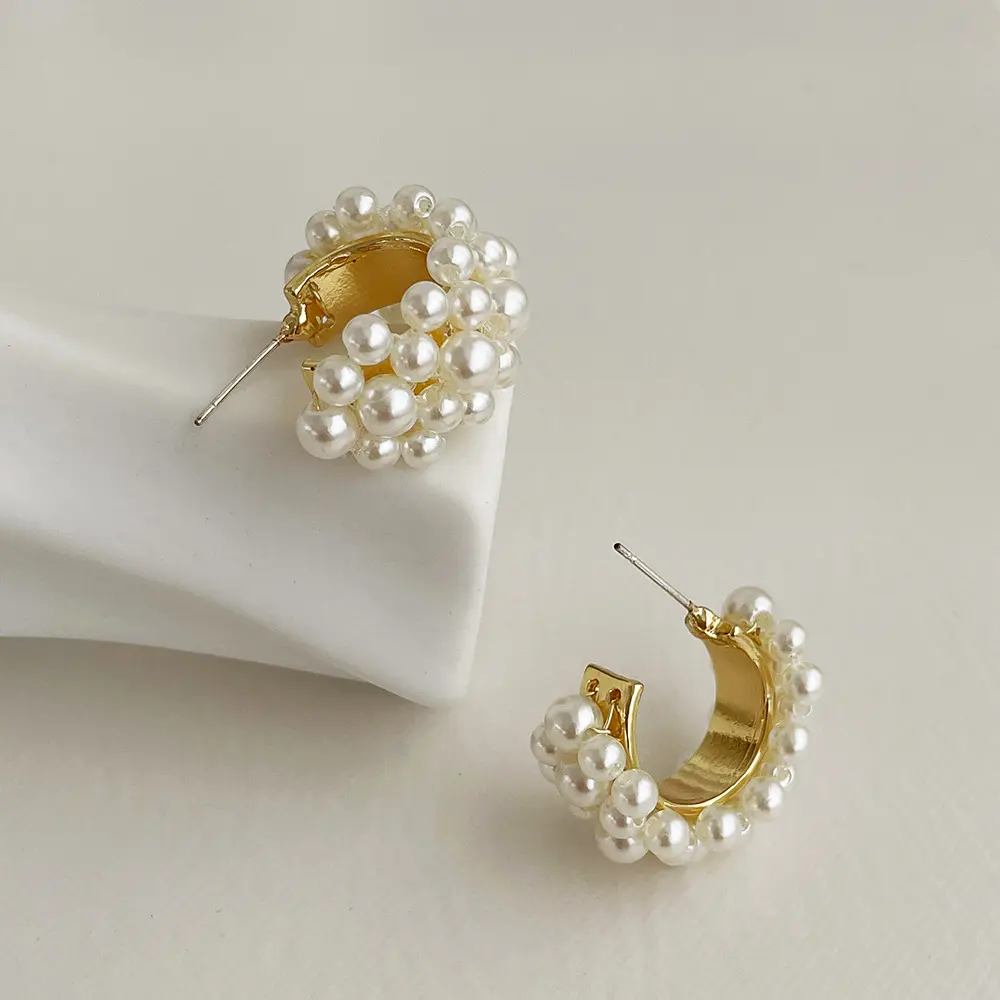 Korean Trendy Fashion Vintage Simple Handmade Pearl Beads Wide C Shape Stud Earrings for Women Jewelry