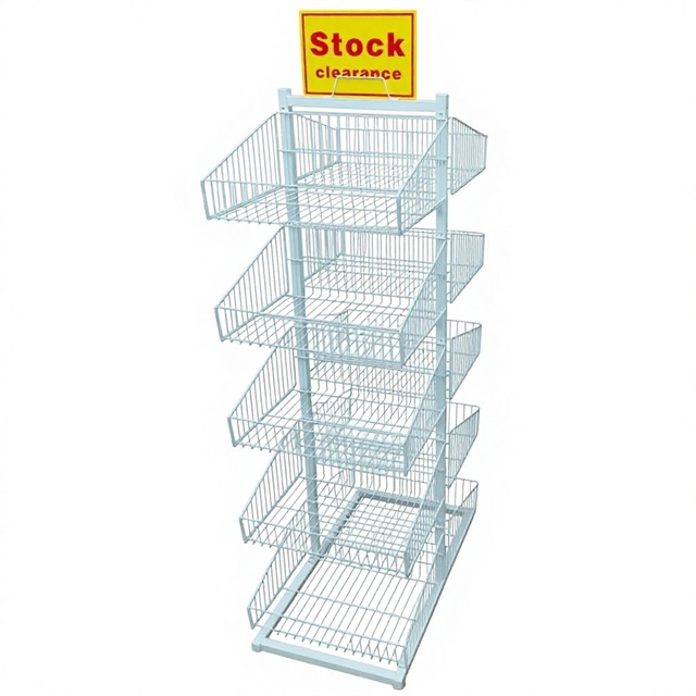 Modern 5-Tier White Double-Sided Light Duty Metal Display Rack Solid Shelves Portable Rotating Design Supermarket Shelving