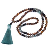 Ensemble collier et bracelet de yoga ethnique transfrontalier de style nouveau, 108 perles en pierre, œil de tigre et turquoise, avec longue pampille