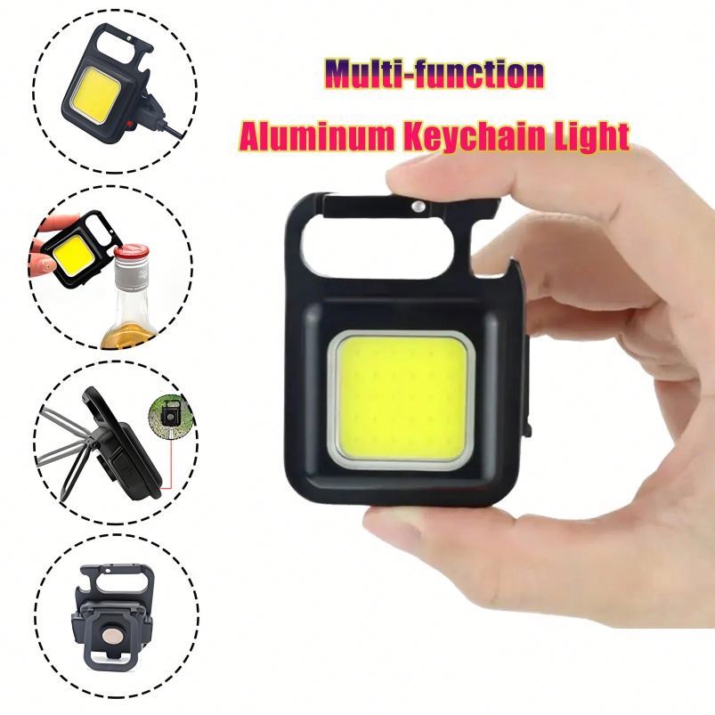 Ultra-bright rechargeable floodlight, portable COB work light with magnetic bottle opener functions, LED keychain flashlight