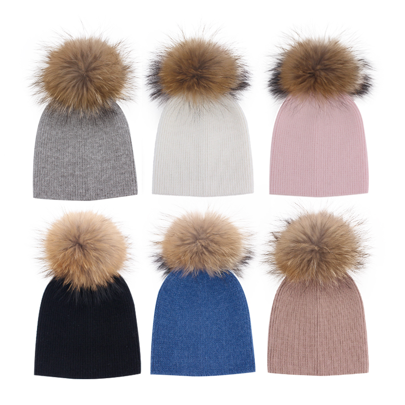 Высококачественные детские шапки с помпоном из меха енота вязаная детская зимняя шапка шерстяная шапка