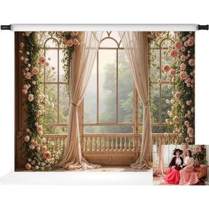 European Garden Wall <b>Backdrop</b> Pink Rose and Green <b>Vine</b> Window Curtain <b>Photo</b> Booth Props Custom Stock Photography Backgrounds - Product Image 1
