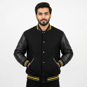 Custom logo <b>Men</b> Women Varsity Letterman Bomber Jacket Wholesale Super Quality Dark Black Wool Jackets with Leather - Product Image 1
