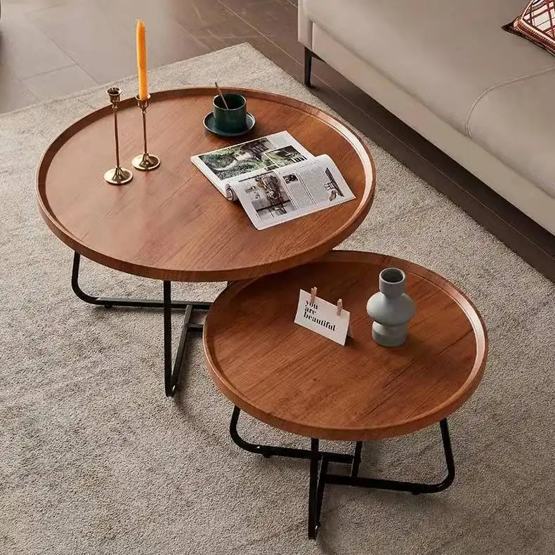 โต๊ะน้ำชาไม้โมเดิร์นชุดโต๊ะกาแฟผสมกับขาโลหะวอลนัทโต๊ะกลม