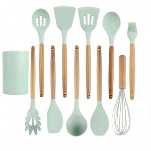 Non-Stick <b>Silicone</b> Kitchenware Set Wooden Handle Cross-Border Cooking Spoon Shovel Storage <b>Tube</b> Direct Utensils - Product Image 1