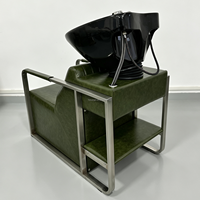 Fauteuil de lavage de cheveux de salon pivotant avec cadre en acier inoxydable, cuir huilé vert, bac en céramique noir