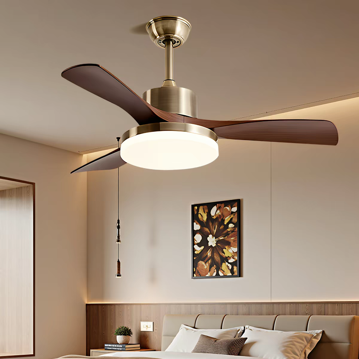 Antique Ceiling Fan with Light 3/5 Blades ABS/Wood LED Ceiling Fan Lamp Dimmable with Remote Quiet DC Motor for Dining Room