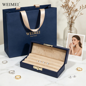 WEIMEI Factory Direct Navy Blue Leather Gold Lock Velvet Lining Ring <b>Earring</b> Stud Organizer OEM Logo Jewelry <b>Box</b> Wholesale - Product Image 1