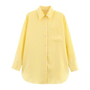 ZEVITY Camicia da donna vintage elegante a maniche lunghe con stampa a righe gialle, camicetta da lavoro con design semplice e tasche - Product Image 1