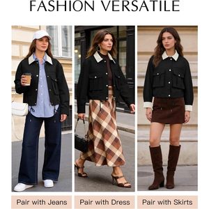 <b>Womens</b> Cropped <b>Jacket</b> Contrast Collar <b>Zip</b> <b>Up</b> Utility Coat With Pockets Autumn Woven Full Sleeve Turn Down Collar - Product Image 5