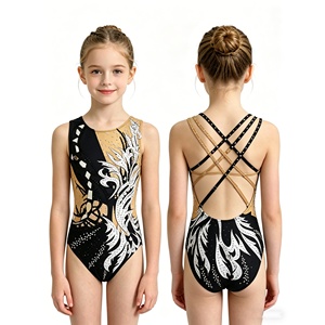 Traje de Natación Sincronizada LIUHUO Negro <span class=keywords><strong>y</strong></span> <span class=keywords><strong>Beige</strong></span> con Patrón de Llamas Abstractas <span class=keywords><strong>y</strong></span> Adornos de Espejo para Niñas, Competición JC366 - Product Image 1