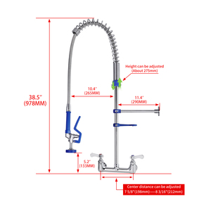 Robinet de cuisine industriel commercial à pré-évier, chromé, en laiton, mural, réglable, avec douchette flexible à ressort, modèle Mall 803-A, service complet - Product Image 5