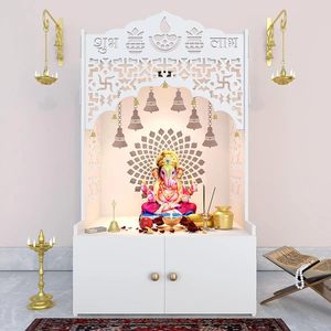 Mandir in Legno Personalizzato per <span class=keywords><strong>Casa</strong></span> con Ampio Ripiano e Luce Integrata, Mandir Bianco - Product Image 1