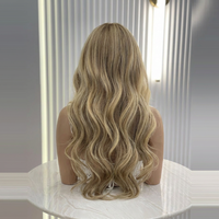 Perruque Lace Front Blonde avec Mèches, Cheveux Humains Ondulés, Racine Foncée, Perruque Blonde Sans Colle pour Femmes