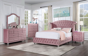 Modern Adjustable Convertible Pink Velvet Upholstered 1pc <b>Queen</b> <b>Size</b> <b>Bed</b> Wingback Design Bedroom Furniture - Product Image 3