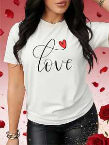 T-shirt da donna per San Valentino, girocollo, manica corta, stampa a mano con scritta Love, top casual in cotone traspirante, per primavera ed estate - Product Image 3