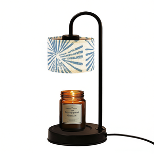 Electric Candle Warmer <b>Lamp</b> With Blue Fireworks Linen <b>Shade</b> Adjustable Brightness Tabletop Home Decor Aroma Burner Medium Size - Product Image 1