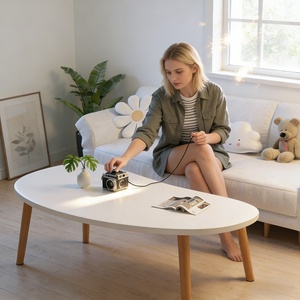 Mesa de Centro Ovalada con Patas de Madera, Estilo Minimalista, Blanca, para Sala de Estar, Mesa de Centro Nórdica, Mesa de Sofá, Resistente, Ahorra Espacio, Z-07 - Product Image 1