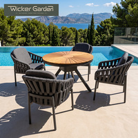 Ensemble de mobilier de salle à manger d'extérieur pour patio, plateau de table en teck, structure en aluminium, chaises en corde tressée, structure démontable, vente en gros directe usine