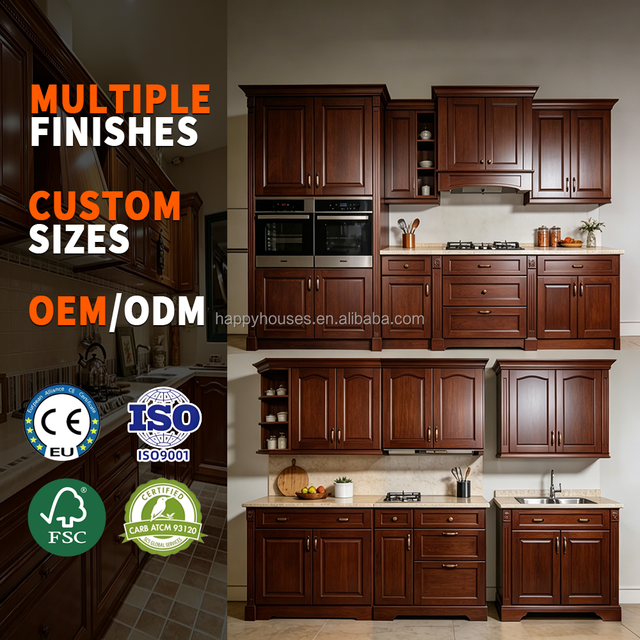 HAPPY HOUSES Durable Dark Solid Wood Kitchen Cabinets Factory Wholesale Price Modular Classic Design Cupboards Set for Villa