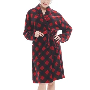 OEMカスタムプリントデザインフランネルフリースチェック柄女性用バスローブ冬用ホテルバスローブ