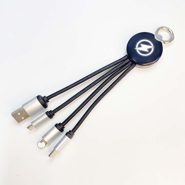 Round Shaped Design 3-in-1 Light up LED Logo Charger USB Type-C Micro Fast Charging Cable for Nylon Braided