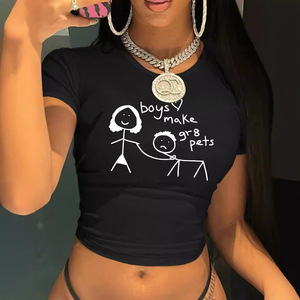 Nuova T-shirt Crop Top <span class=keywords><strong>da</strong></span> Donna Slim-fit Americana con Stampa a Lettere, in Poliestere, Estiva, Basic, all'Ingrosso - Product Image 2