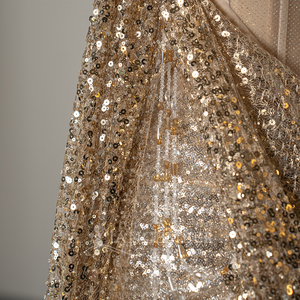 Robes de soirée sirène Sfy289 dorées à épaules dénudées, en mousseline perlée avec appliques plissées, pour femmes - Product Image 3