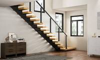 Escalier moderne en bois massif avec poutre monobloc en acier inoxydable et garde-corps à câbles, écologique et durable pour hôtel, appartement, villa, intérieur