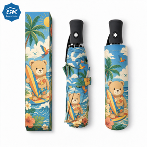 Parapluie pliant Surfing Bear Tropical Beach, protection UV, portable, coupe-vent, parasol soleil/pluie, imprimé dessin animé bord de mer - Product Image 2
