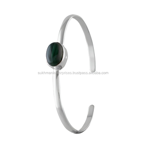 925 Sterling Silver Green Malachite Cuff Bangle Bracelet Oval Gemstone Minimalist Handmade Women’s Everyday Jewelry - Product Image 2