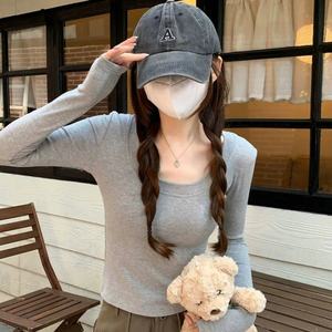 Camiseta de Mujer, Otoño 2025, Estilo Vintage, Casual Chic, Diseño Sólido, Cuello en U, Tejida, Manga Larga, Ajustada, Transpirable, Top Corto - Product Image 4