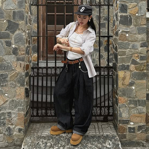 <b>Women</b> American Vintage Black Striped Denim Pants Loose Fit Wide Leg Floor Length Casual Street <b>Jeans</b> - Product Image 2