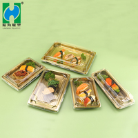 Plateau à sushi jetable en plastique LINHAI avec couvercle transparent, noir et or, boîte à emporter pour plats japonais